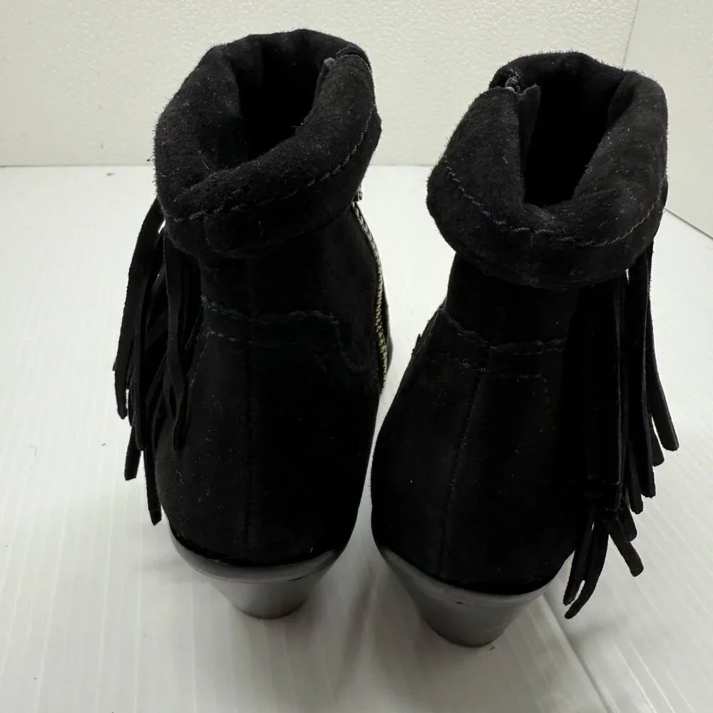 Sam Edelman Louie Black Suede Fringe Ankle Booties Block Heel Womens 6M